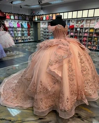 Blush Pink Ruffel Sweety Quinceanera Dresses Ball Gown Off Shoulder Birthday Sweet 15 16 Dress vestido de quinceañera Customized