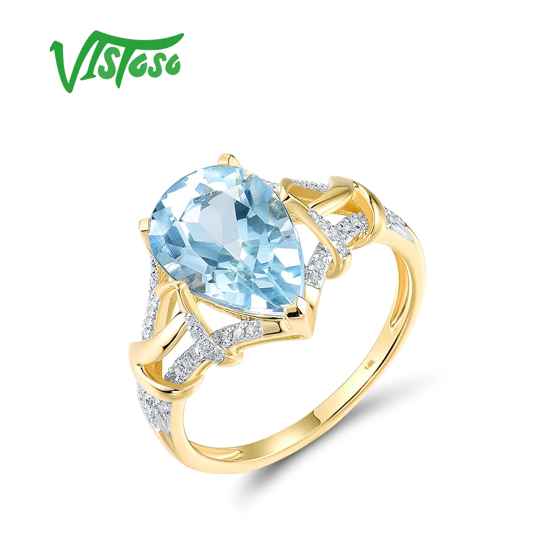 VISTOSO Genuine 14K 585 Yellow Gold Ring For Women Sparkling Diamond Limpid Sky Blue Topaz  Wedding Engagement Fine Jewelry