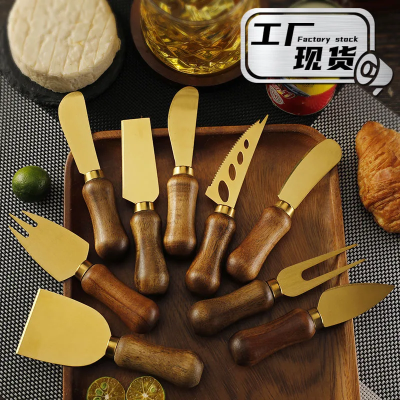 

9 pieces, stainless steel gold cheese knife, acacia wooden handle, butter knife, cheese knife, fork, spatula, jam knife