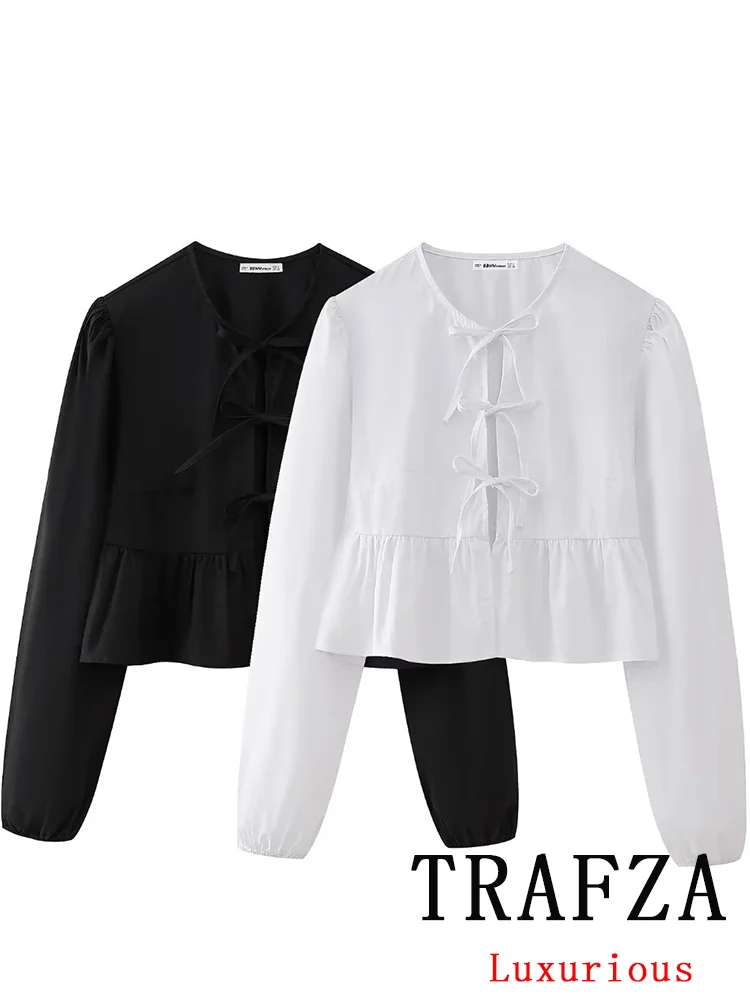 TRAFZA-Blusa sólida chique vintage feminina, manga comprida, camisas soltas, casual, elegante, feriado, nova moda, primavera, 2022