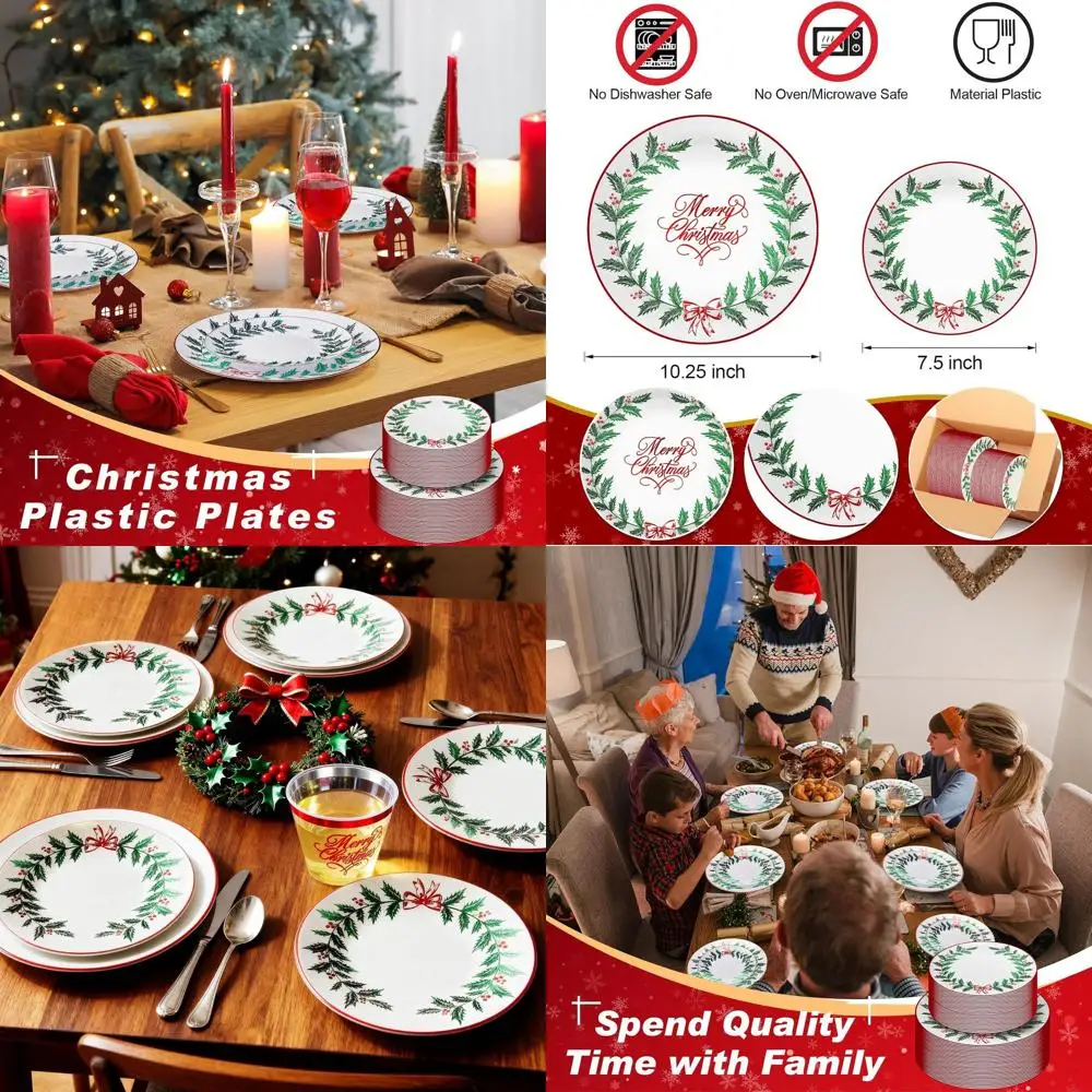 

40 7.5 & 40 10.25 Christmas Plates Set - Holly & Berry Disposable Tableware for Holiday Parties