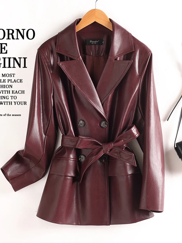 

Женское джинсовое пальто Haining из натуральной кожи, весна-осень, новая корейская версия, облегающее шерстяное пальто с застежкой на талии