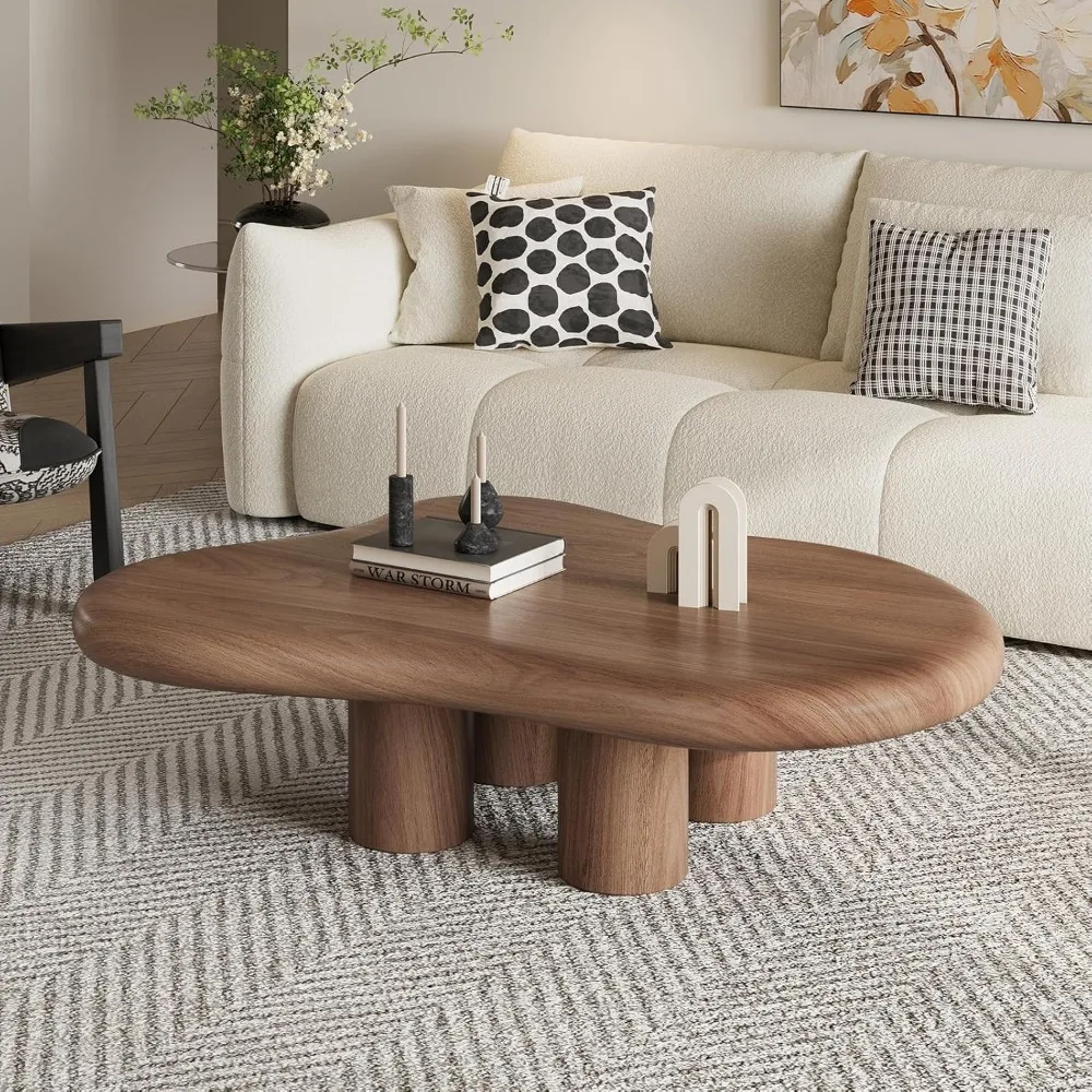 

48.42 Modern Cloud Coffee Table for Living Room, Dark Brown Wood Coffee Table with 4 Sturdy Legs, Mid-Century Modern Tea Table
