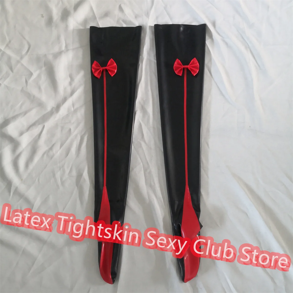 Latex Rubber Gummi Back Red Bow Strip Stocking with Trmis Custom Made 0.4mm