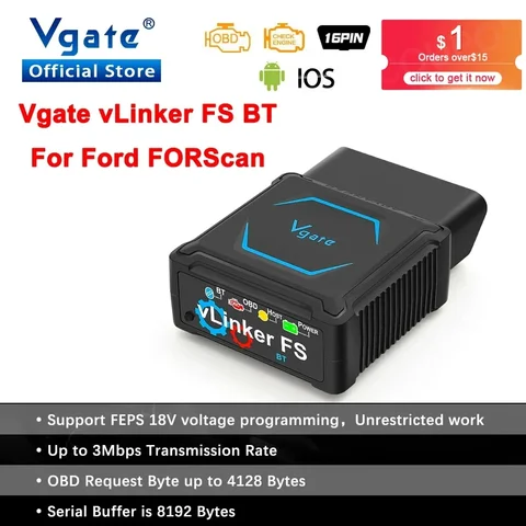 Диагностический сканер Vgate VLinker FS ELM327 Bluetooth для Android/iOS, Ford FORScan, HS, MS, CAN, ELM327 OBD2