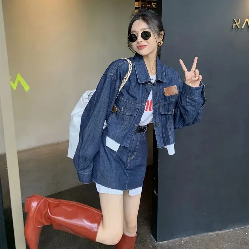 Retro Denim Jacket Patchwork A-line Skirt Two-piece Set Women Fashion Lapel Tassels Korean Temperament College Spring Lady Suit