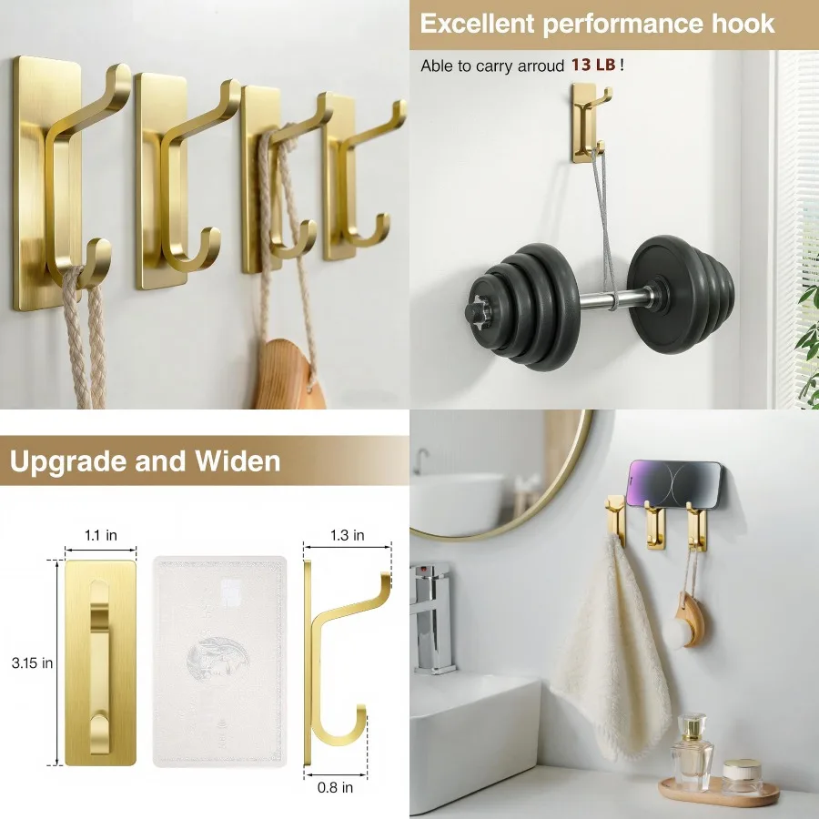 

Self Adhesive Wall Hooks for Hanging: Extra Strong 13 LB Capacity Hooks Ideal for Coats Towels in Bathrooms Showers Kitchens an