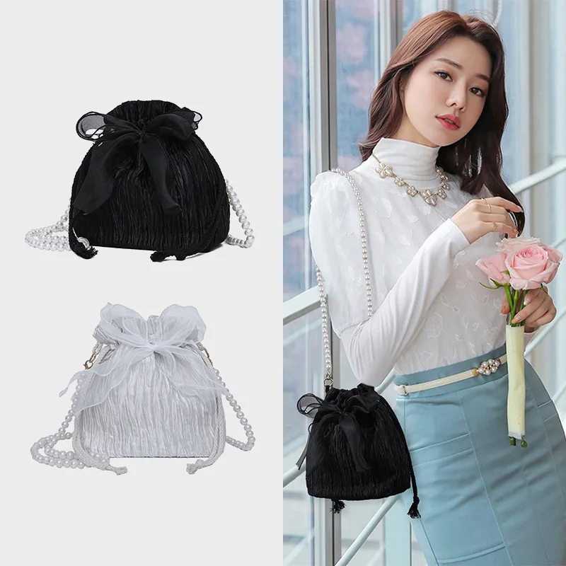

Fashion Bow Shoulder Bag, Simple and Versatile Drawstring Bundle Bucket Bag, Pearl Chain Crossbody Bags for Women
