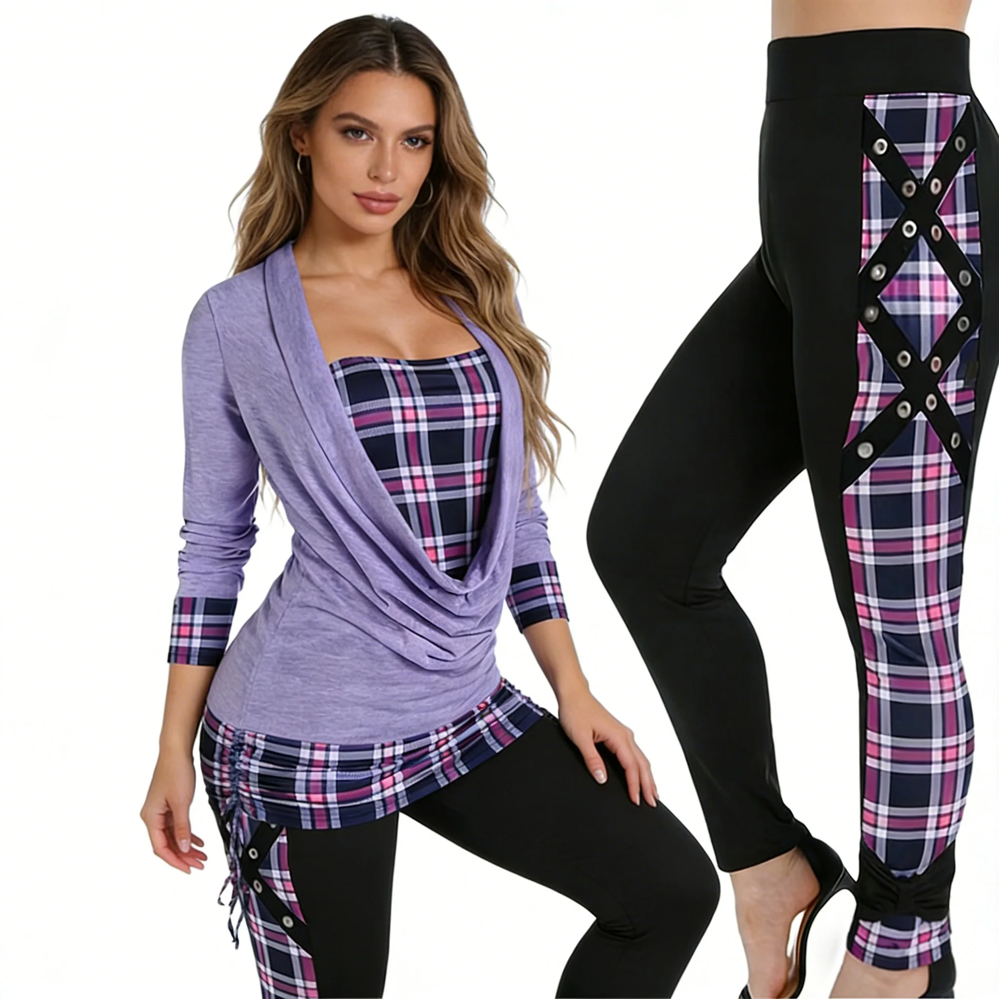 Woman 2 Piece Set Outfit Plaid Draped Front Long Sleeve Top & Lace Up High Waist Leggings Set Casual Fall Tracksuit