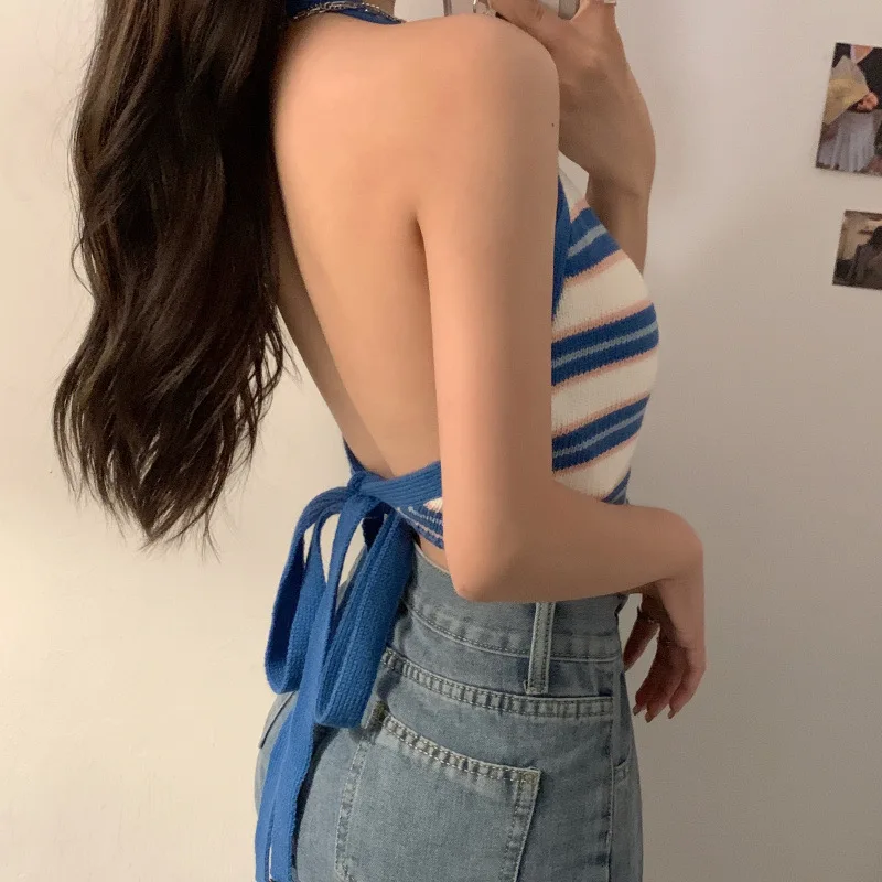 Y2K Vintage Grunge Chest Wrap Mini Vest Camisole Korean Cute Girl Striped Halter Tops Sexy Backless Tie Up Bandage Cropped Tops