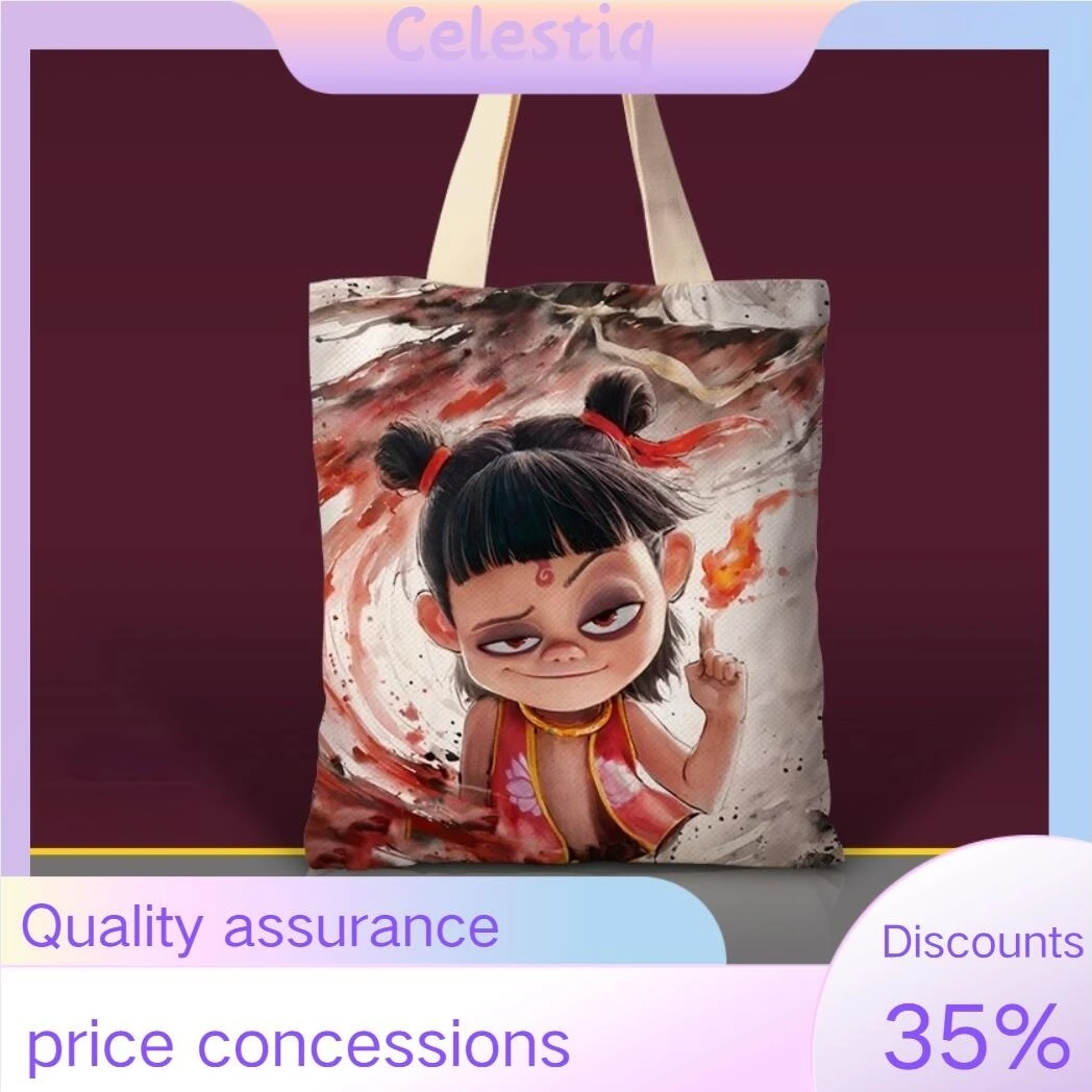 Nezha 2 Magic Child Trouble Around The Sea Canvas Bag Custom One-Shoulder Handheld Student Schoolbag Zipper Ink Ne Zha Gift