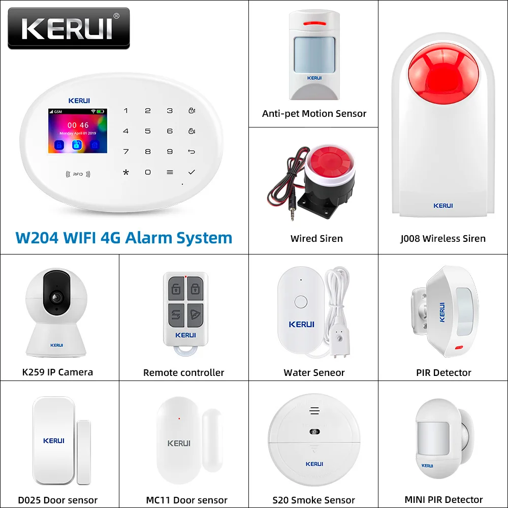 KERUI W204 4G WIFI GSM نظام إنذار لوحة اللمس أمن الوطن تويا الذكية RIFD APP التحكم عن بعد لص PIR مستشعر الباب صفارة الإنذار