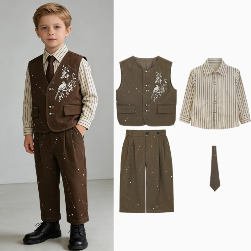 

Kids Boys Chinese Traditional Style Flower Bird Embroidery Sequin Vest Pants Set Children Host Wedding Party Performance Outfits