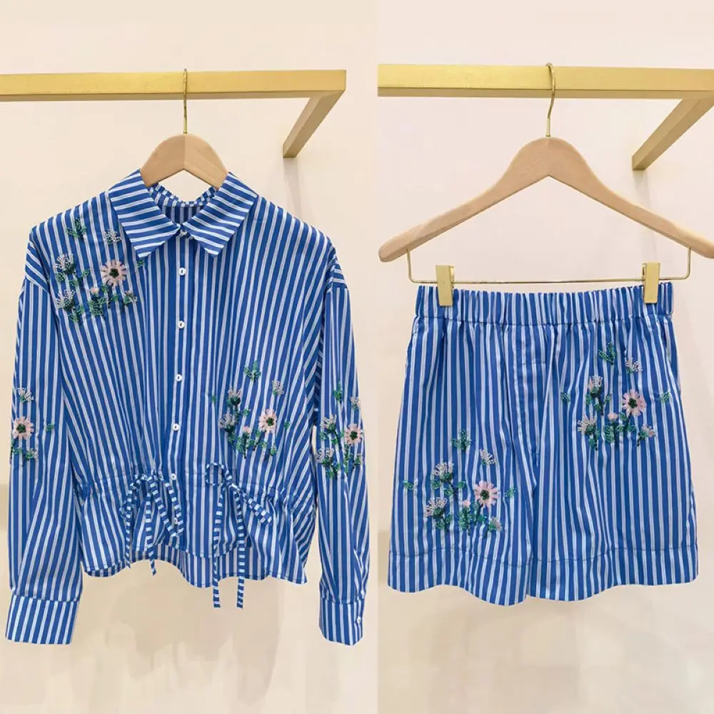 

Floral Beaded Embroidery Women Blue Striped Set Elastic Waist Shorts + Turn-down Collar Long Sleeve Single Breasted Shirt Suit