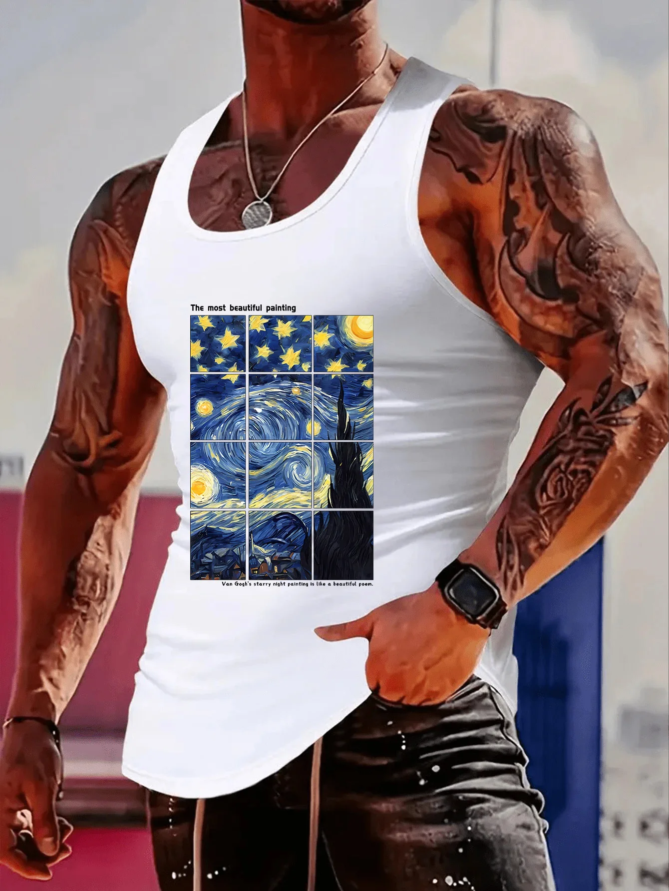 Fashionable trend muscular man, simple and creative Van Gogh abstract art, colorful printed tank top