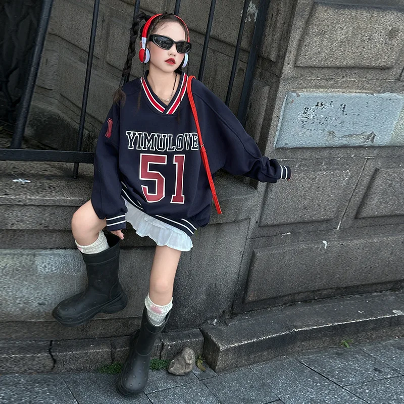 

Teenager Girls Sweatshirt Autumn Letter Printed V-neck Junior Girls Top Contrast Color Striped Long Sleeves Kids Girls Pullover