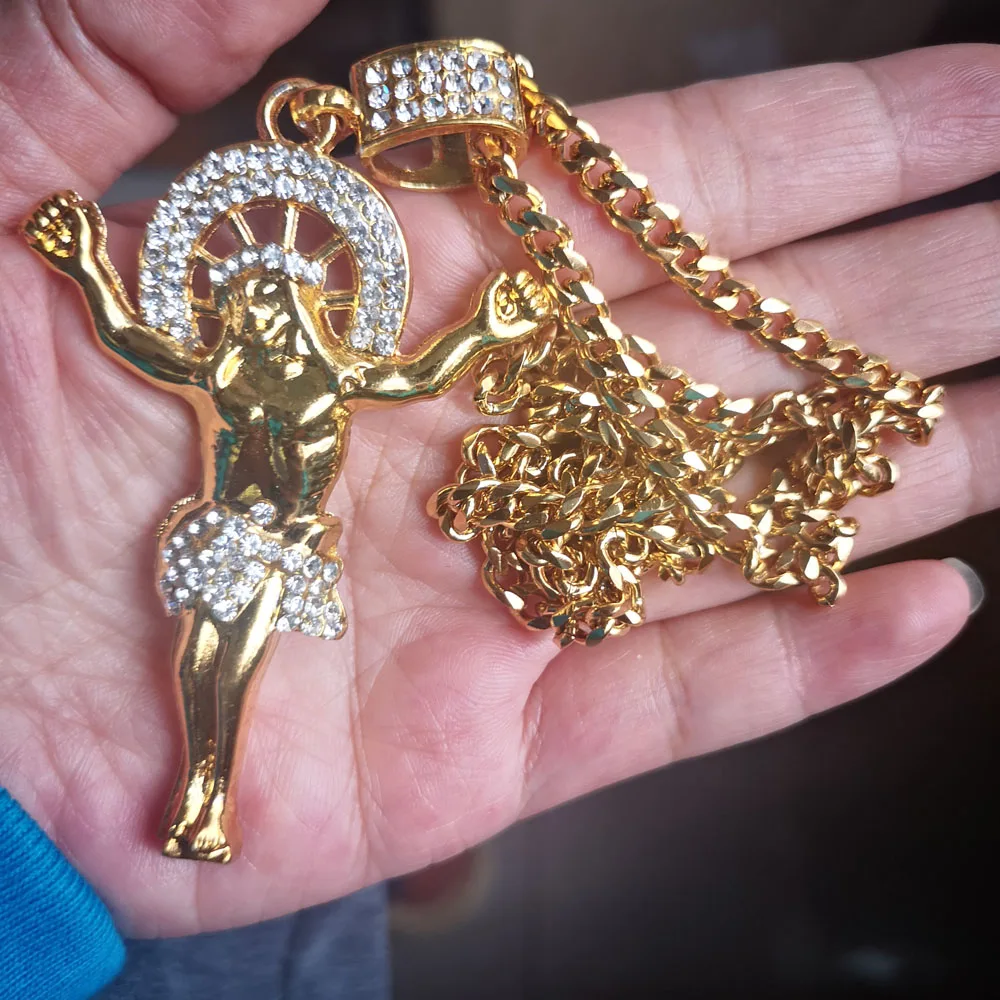 Hip Hop Rapper Bling Iced Out Rhinestones Cool 3D Jesus Head Face Cross Piece Pendants Necklaces Chain Men Women Jewelry