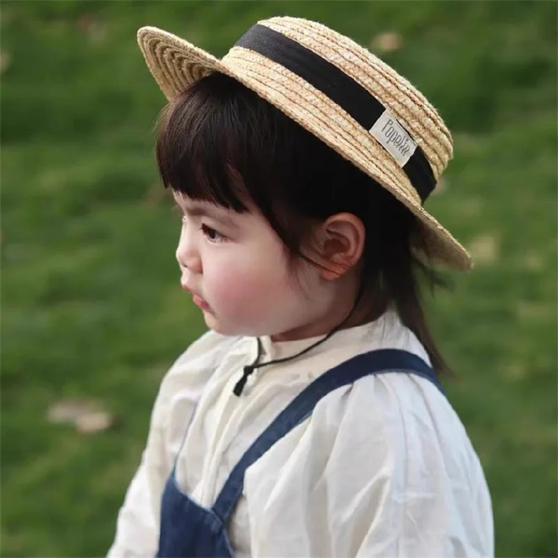 New Arrivals 2023 Fashion Children Boy Girl Sunhats Flat Top Cap Outdoor Beach Holiday Sunprotection Summer Straw Hat for Kids