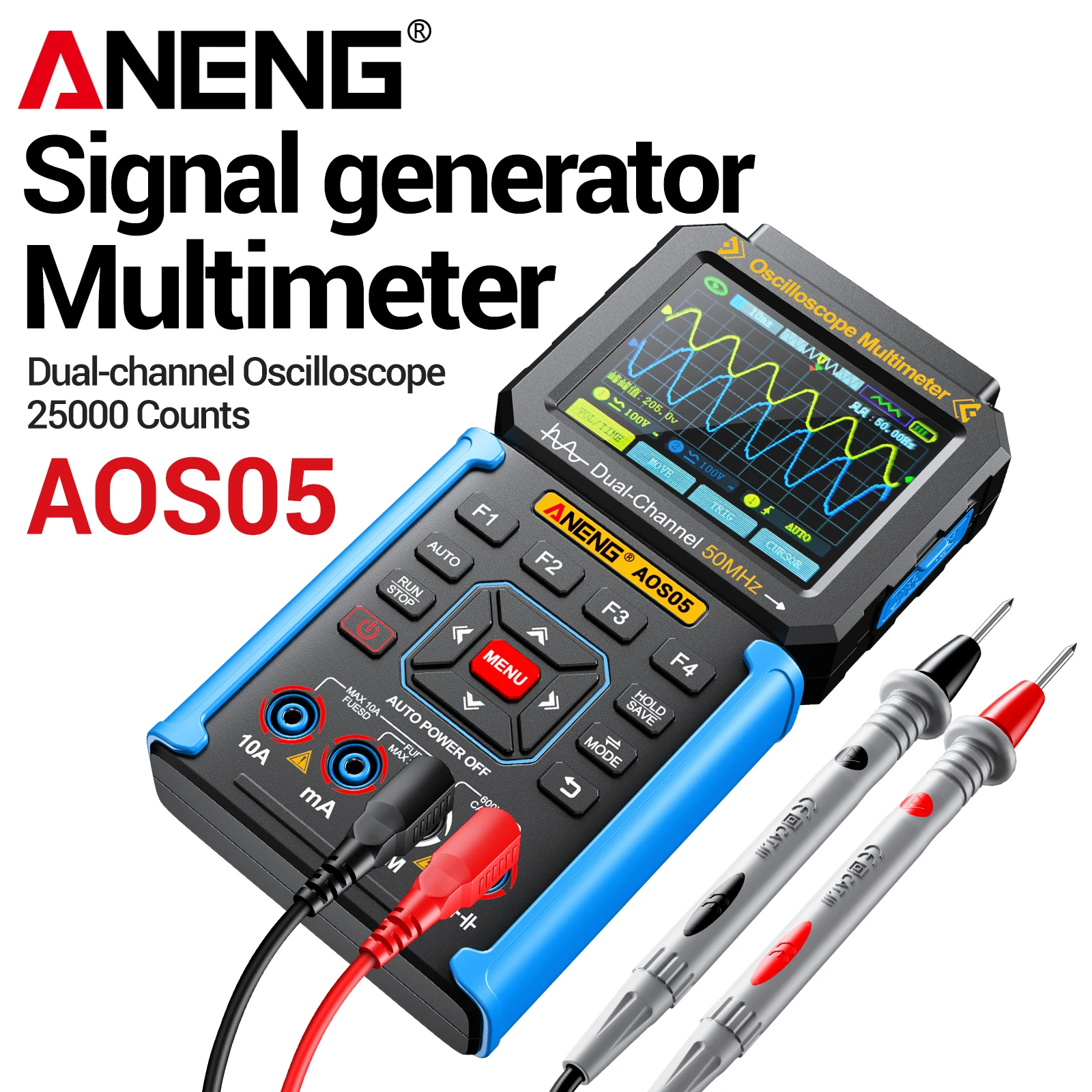 ANENG AOS05 3‑in‑1 Handheld Oscilloscope Multimeter Signal‑Generator 50MHz 200MSa/s Dual‑channel Multi‑Waveform Repair Tool