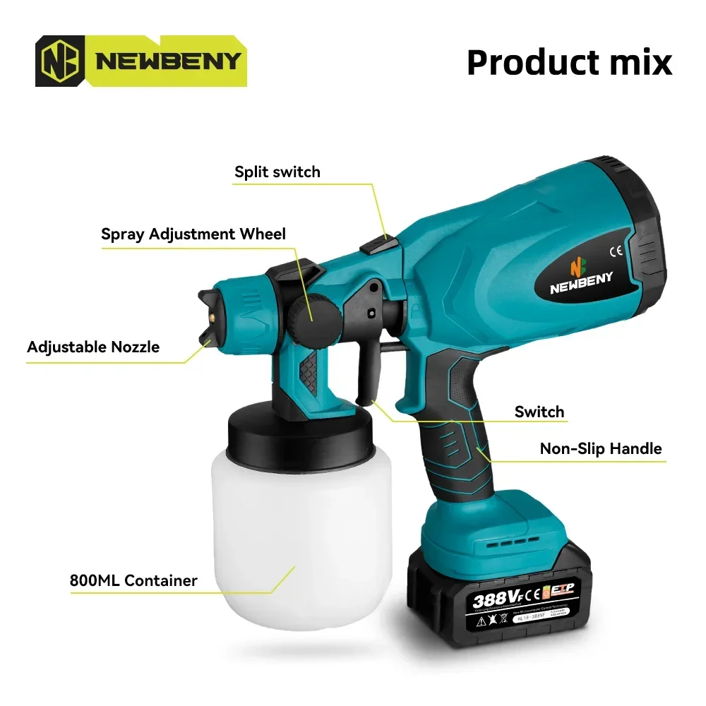 NewBeny 800ML Cordless Electric Spray Gun Portable Household Disinfection Easy Paint Sprayer Paint Sprayer For Makita 18VBattery