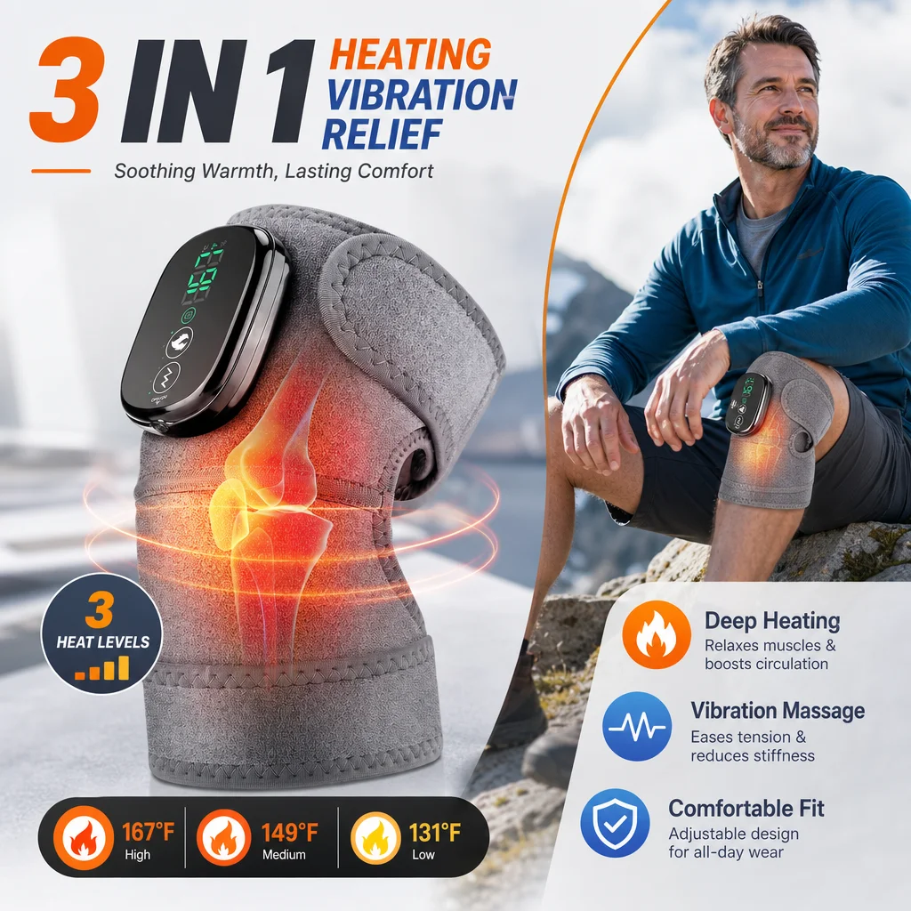 Electric Heating Knee Massager Vibration, 3 Heat Levels 3 Modes Recharge 5000mAh Wrap Knee Shoulder Care, Home Office Use Gift