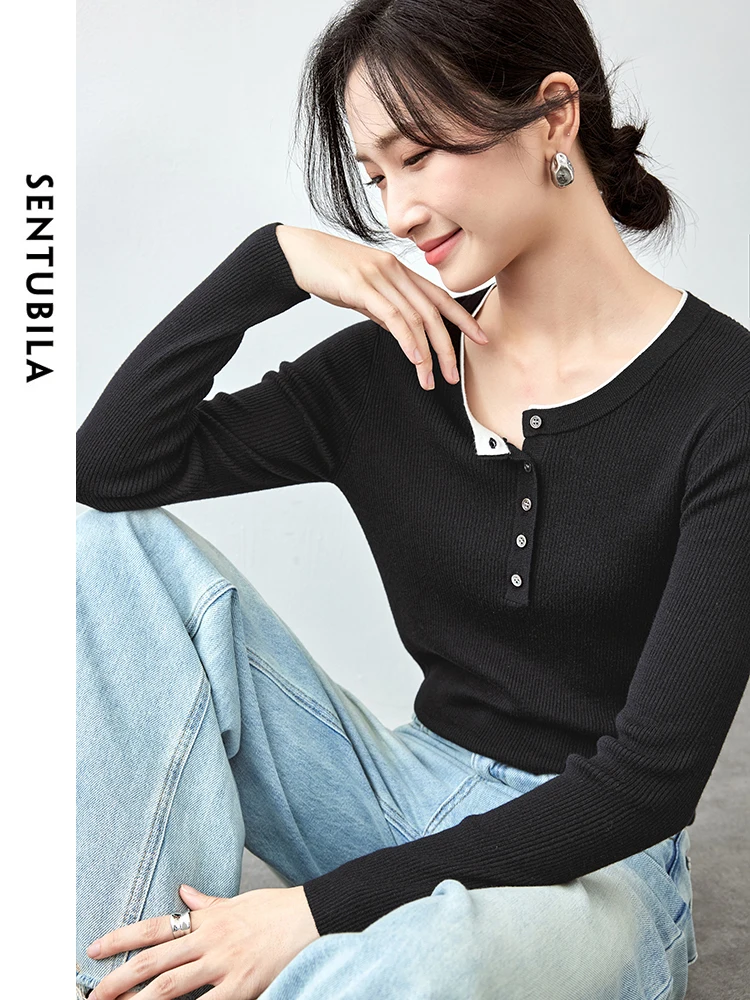 SENTUBILA Patchwork Wool Knitted Pullovers for Women 2024 Autumn Casual Slim Fit Comfort Basic Simple Women Top W43H56238