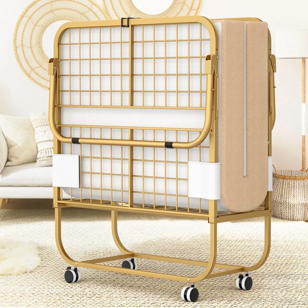 Cama plegable con colchón, cama plegable doble de 75 x 38 pulgadas con funda de almacenamiento, camas extra para invitados, fácil almacenamiento, oro de lujo