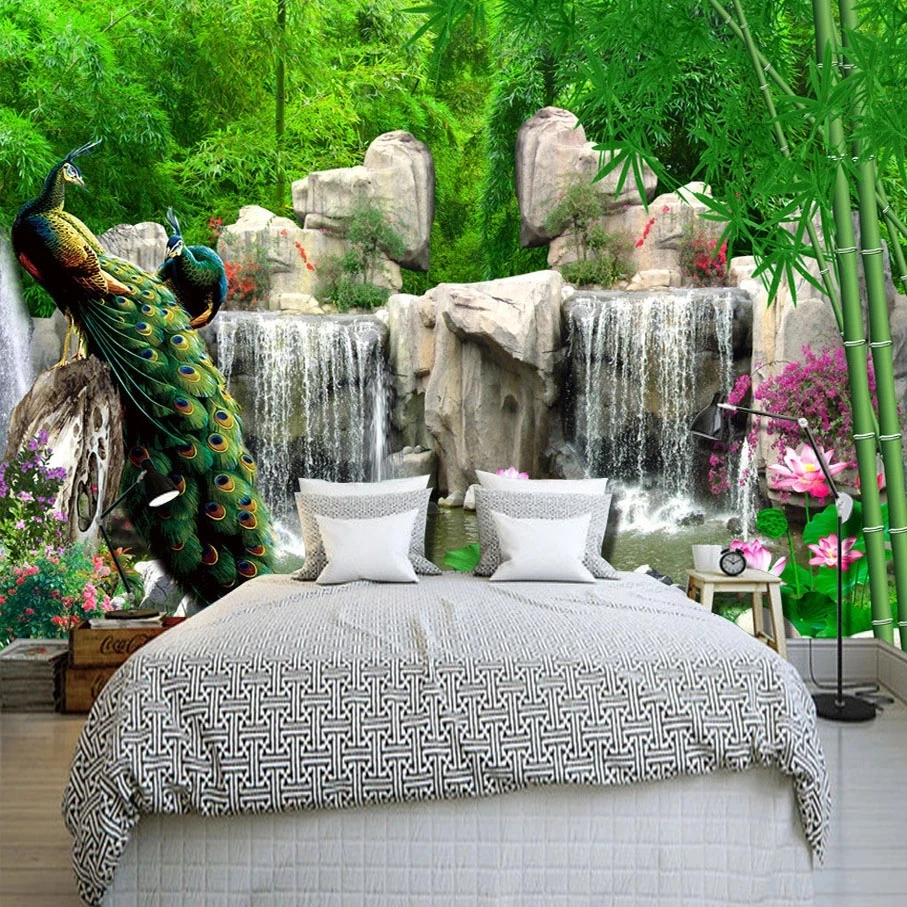 Custom 3D Photo Self Adhesive Wallpaper Green Bamboo Forest Peacock Bedroom Living room sofa TV background wall restaurant Hotel
