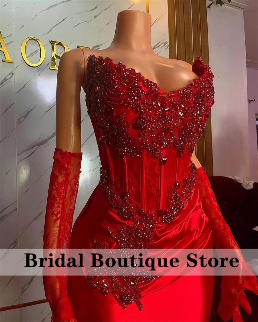 Red Diamonds Prom Dress Two Gloves Beading Rhinestones Crystals Wedding Reception Evening Gown Birthday Party Corset Customized