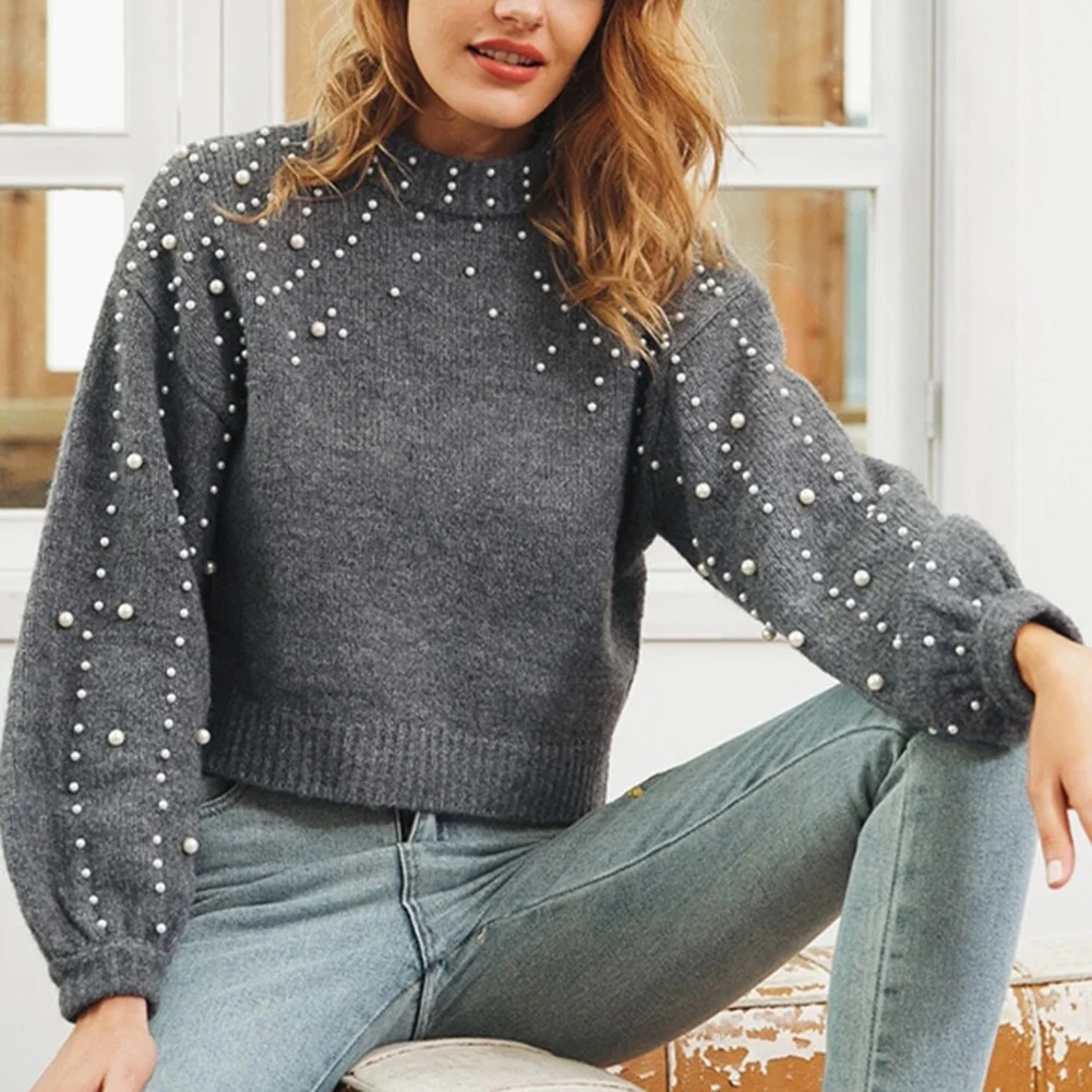 Solid Color Womens Knit Sweater Half Turtleneck Style Bell Sleeves Pearl Decoration Lightweight for Vacation and Travel
