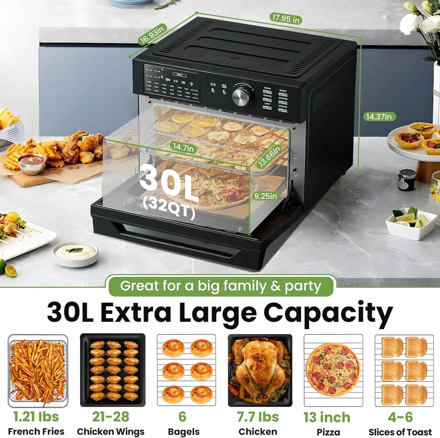 Air Fryer Toaster Oven, 32QT Toaster Oven 21-in-1 Extra Large Countertop Convection Rotisserie Oven Patented Dual Air Duct Syste