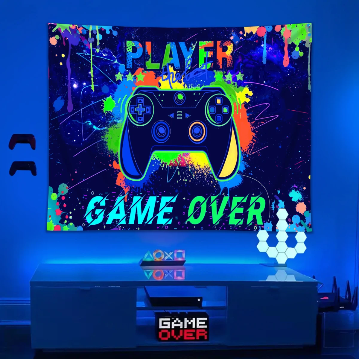 1pc Punk style game room fluorescent tapestry, game themed tapestry, UV reactive tapestry, neon effect tapestry