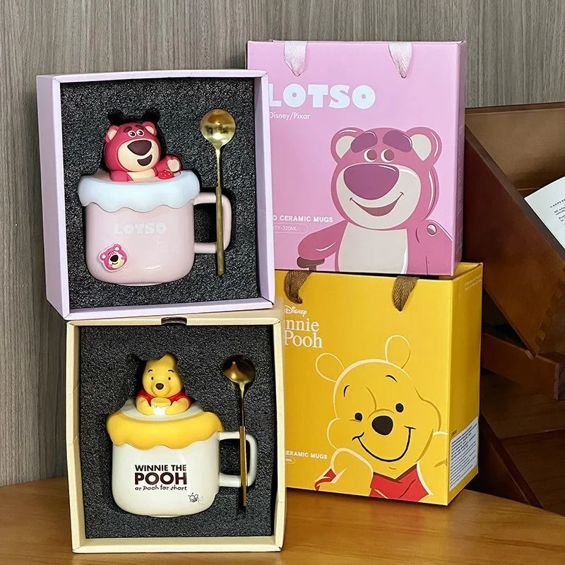 Disney Winnies The Pooh Ceramic Mugs With Spoon Strawberry Bear Men Women Creative Water Cup Coffee Mugs Kids Milk Cups