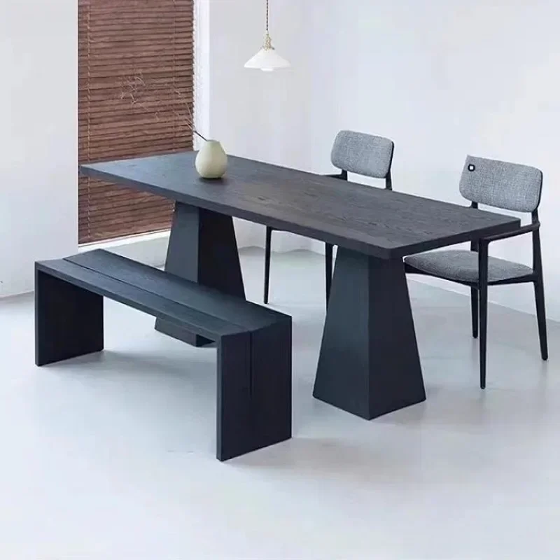 New Chinese black solid wood dining table, ash wood desk, wabi sandy wind log large board rectangular workbench