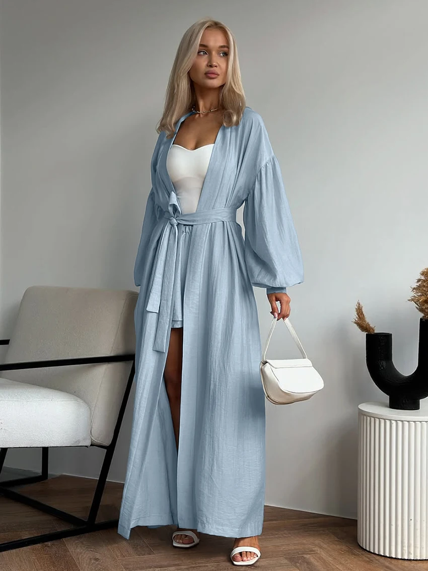Marthaqiqi Autumn Women Pajamas Suit Long Sleeve Sleepwear Sexy V-Neck Pajamas Lace Up Nightie Pants Casual Ladies Nightgown Set