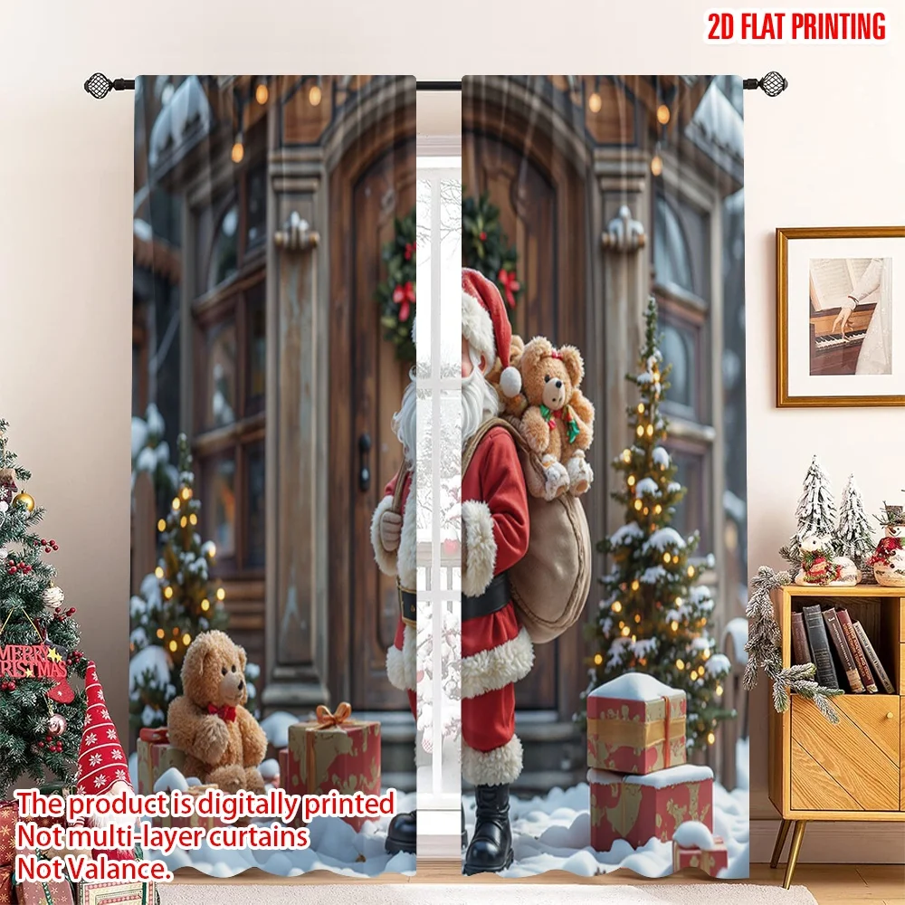 

2pcs 2D flat printing Merry Christmas Party Curtains Santa Claus Gifts Bag Holiday 100% Polyester Without Electricity Festive