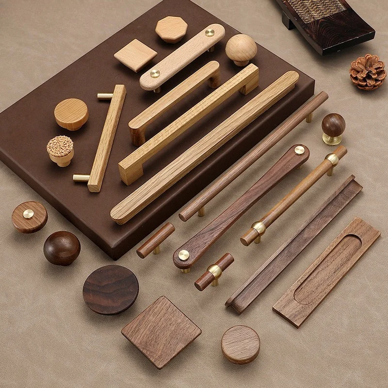 Solid Wood Cabinet Pulls, Walnut Drawer Handles, Wooden Knobs for Wardrobe Shoe Cabinet Doors