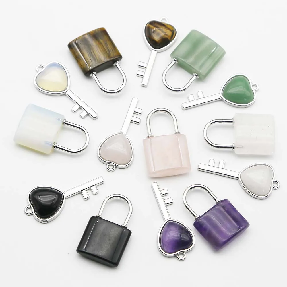 Quality Natural Stone Crystal Heart Silver Key Couple Lock Set Pendants Charms Fashion Jewelry Gift Accessories Wholesale 6Setof