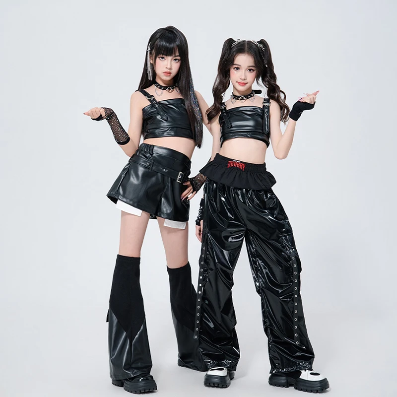 Coole Hip Pop Dance Kostüme Mädchen Gruppe Samba Dance Outfit K POP Street Bühnenkleidung Schwarzes Leder Jazz Dance Kostüm XH2609