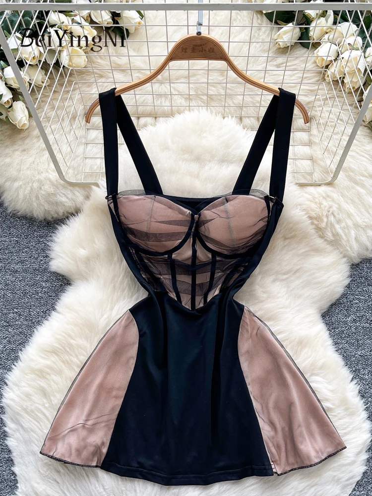 Beiyingni Sommer Y2K Sling Mini Kleider für Frauen 2025, Neue Stil Zauber Farbe Mesh Samt Kurzes Kleid Weibliche Elegante Sexy Roben