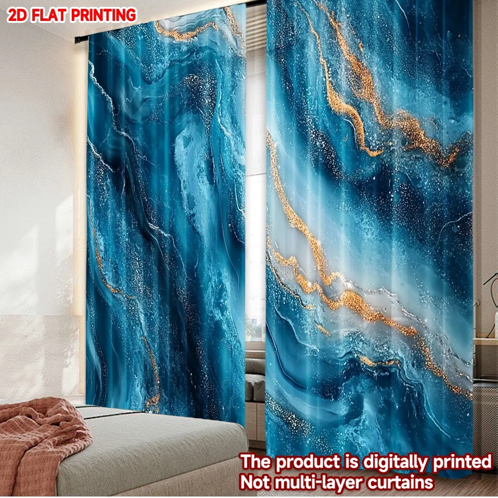 

2D плоская печать, 2 шт. штор, синие и золотые волны, цифровая печать, полиэстеровые занавески, праздничный декор для стен на Новый год