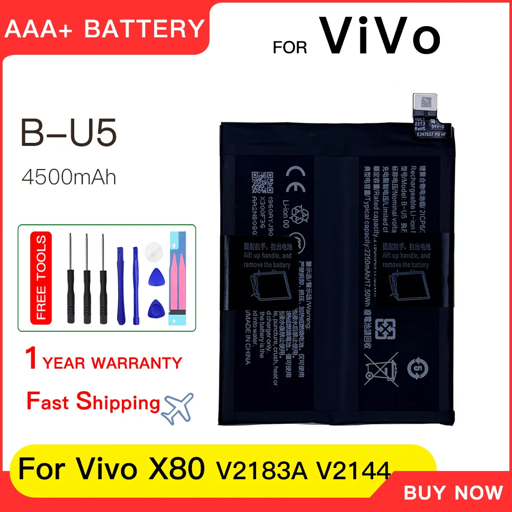 Genuine Battery 4500mAh Battery B-U5 For Vivo X80   V2183A V2144 Replacement Batteries batteria+Free Tools