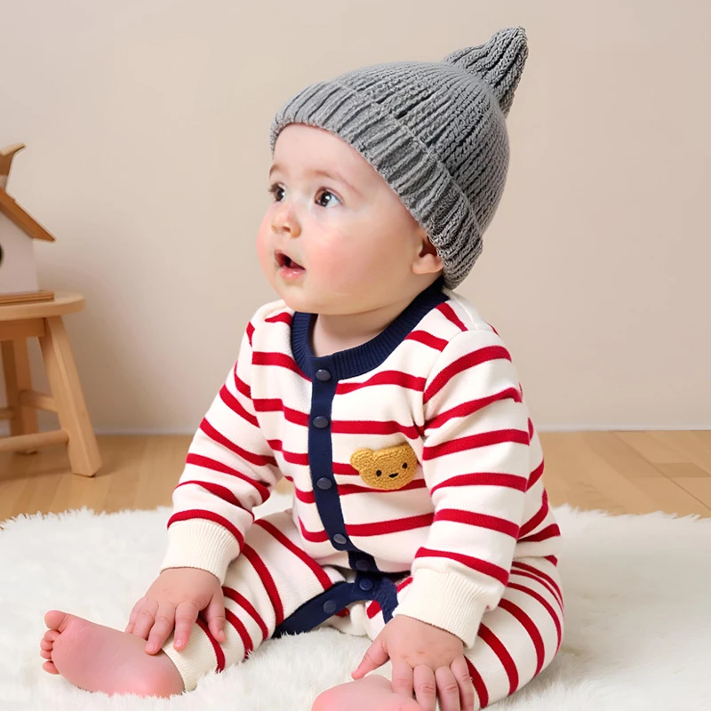 

Spring Autumn Toddler Boy Rompers Bear Applique Knit Toddler Girl Jumpsuit Striped Single Button Closure Kids Baby Boy Bodysuits