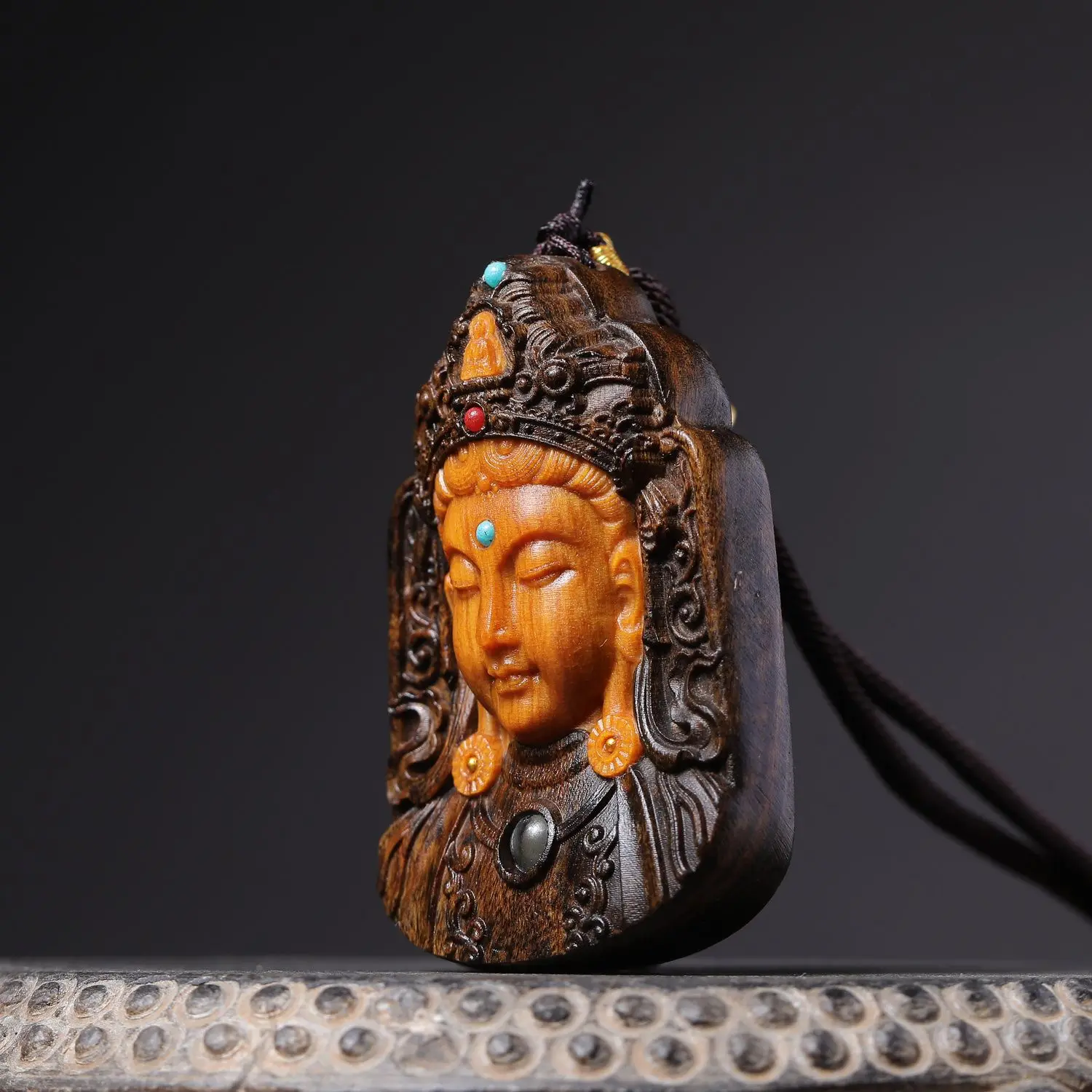 Dalagan Inlaid with Dequa Guanyin Double-sided Carved Text Play Pendant Sweater Chain Sandalwood Interior Ornaments Decorations