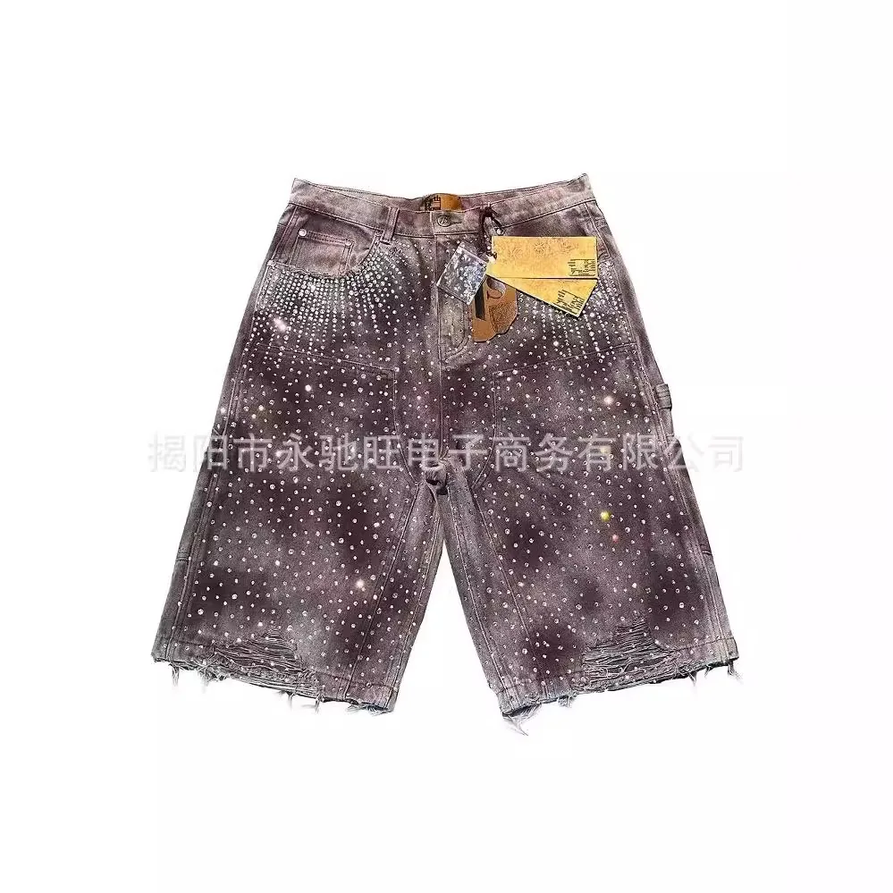 

2025 new summer style ripped fringed denim shorts straight tube versatile high street retro shorts streetwear men jeans