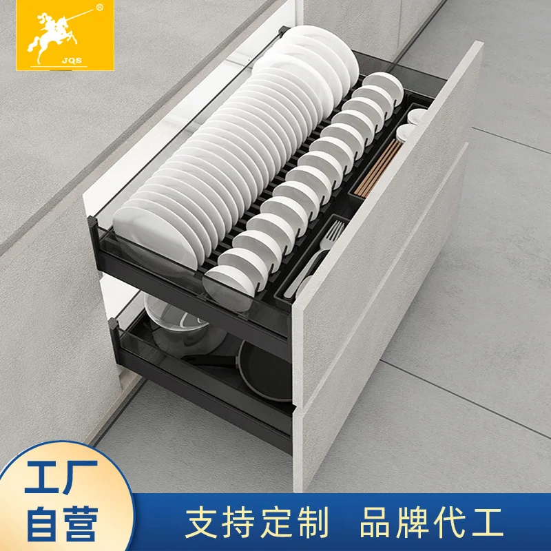 مجموعة سلة سحب من نوع درج مزدوج الطبقة من الألومنيوم بالكامل، سلة أطباق صغيرة الحجم، خزانة تخزين ضحلة للمطبخ