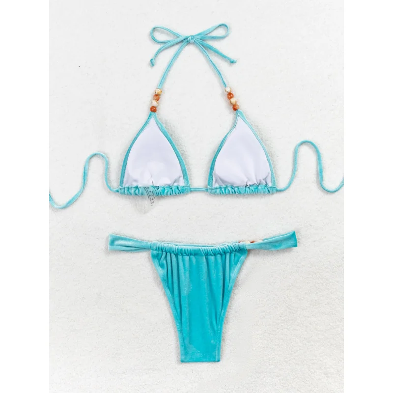 New Bikini Swimsuit Solid Color Sexy Tie Two-Piece Swimsuit In Stock Gold Foilbiki