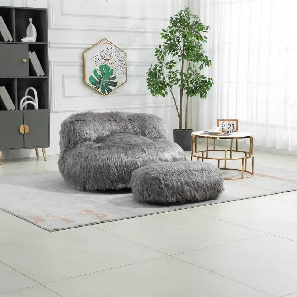 Bean Bag Chair and Footstool Set Single Player Game Sofa Casual Decoration Chair Gray Faux Fur Lazy Sofa/footstool Furniture