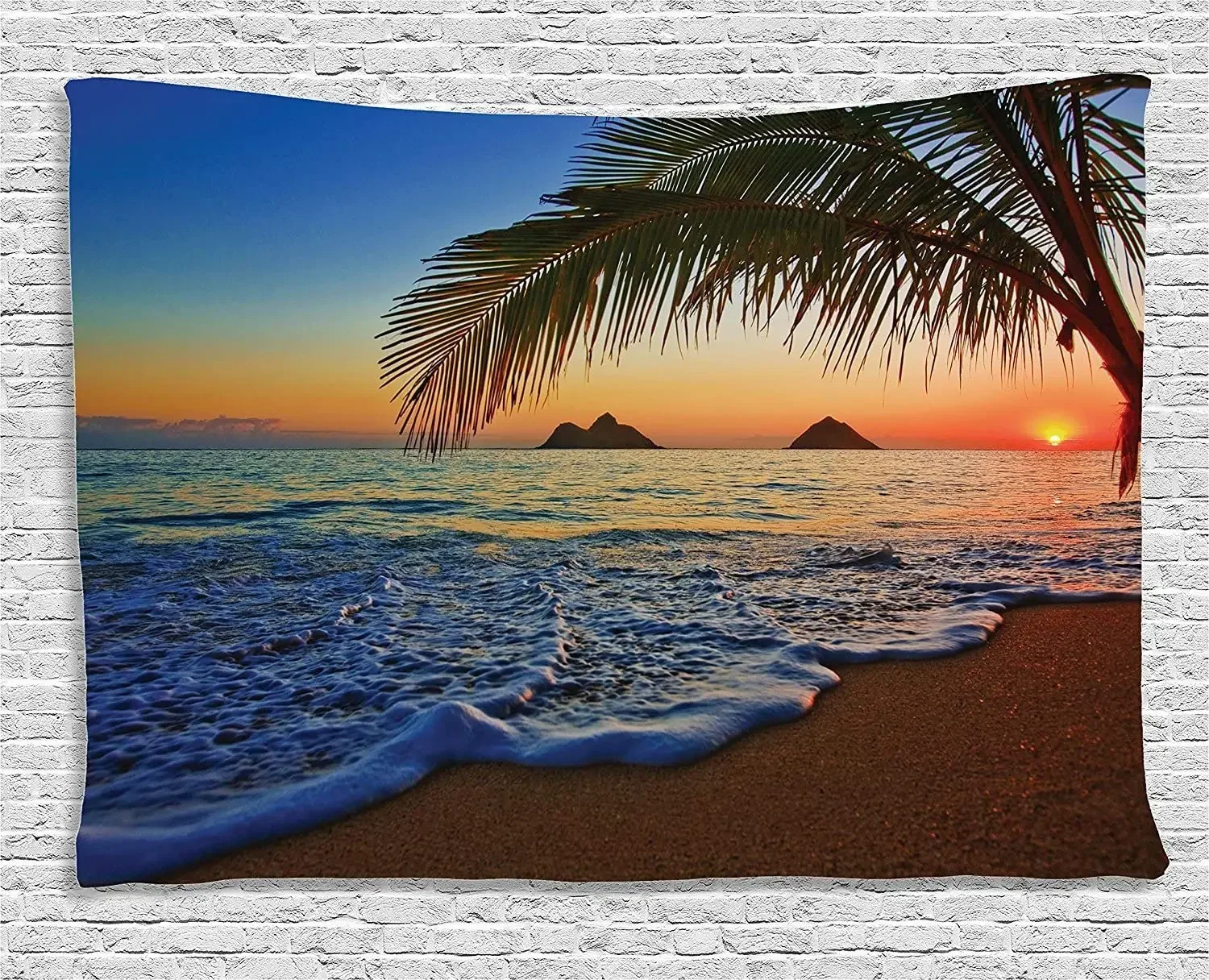 Hawaiian Tapestry Sunrise Over Hanauma Oahu Hawaiian Sunshine Through the Clouds Shoreline Wall Decor Green Orange Tapestry