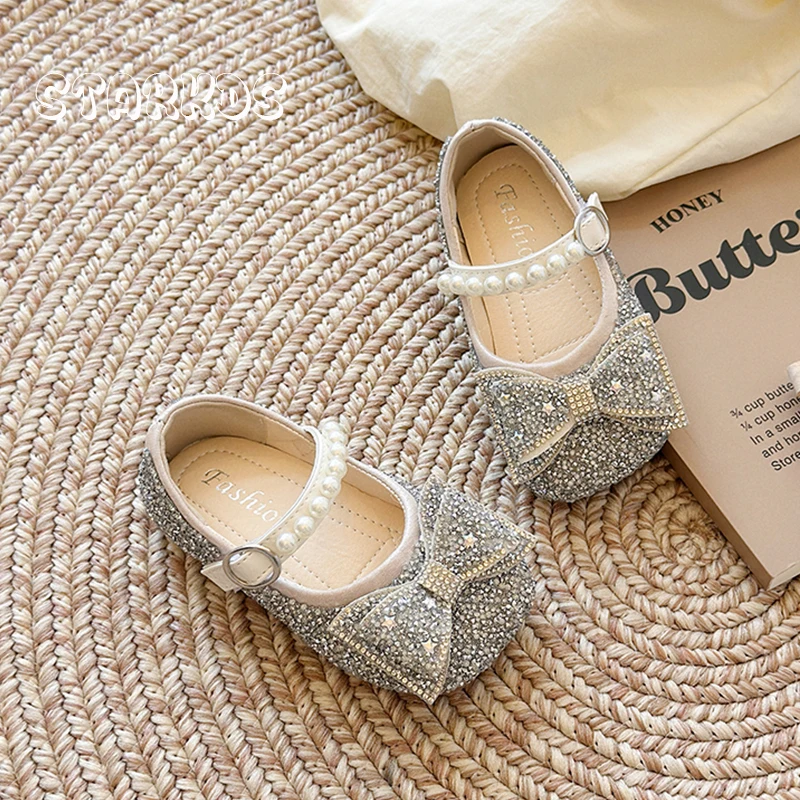 

Детские балетки с пайетками и стразами для девочек, блестящие туфли Мэри Джейн с бантом, серебристые туфли принцессы с блестками для малышей